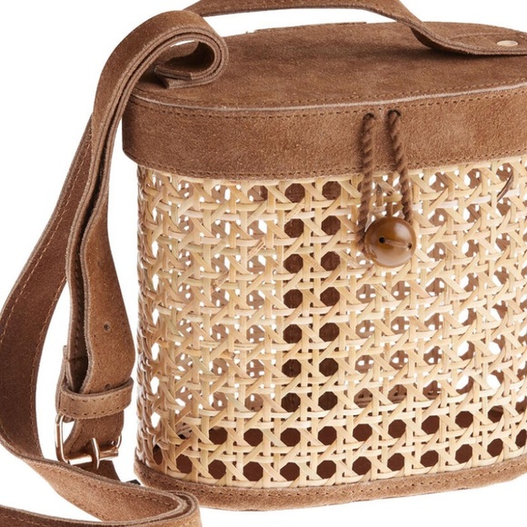 Cane Rattan And Suede Crossbody Bucket Bag - Picture 12 of 12